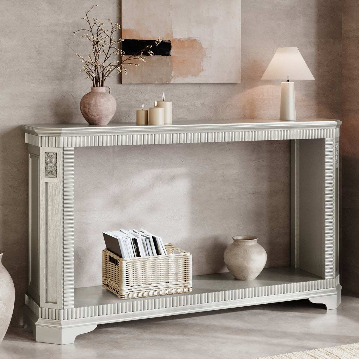 55-Inch Retro Carved Sofa Table, 2-Tier Open Storage, Champagne Silver