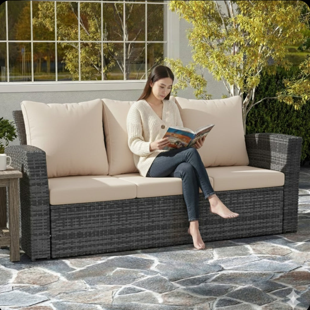 67.7" All-Weather Wicker 3-Seat Patio Sofa with Thick Beige Cushions