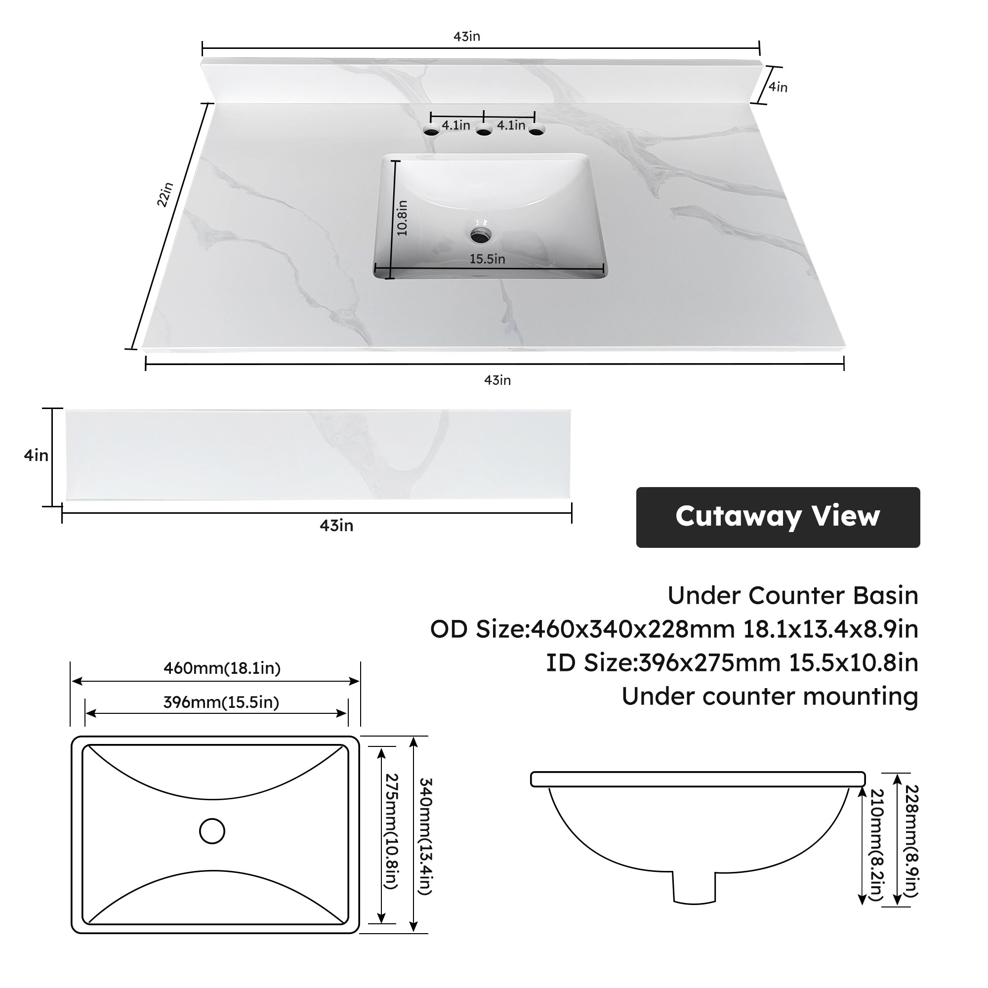43-Inch Quartz Bathroom Vanity Top