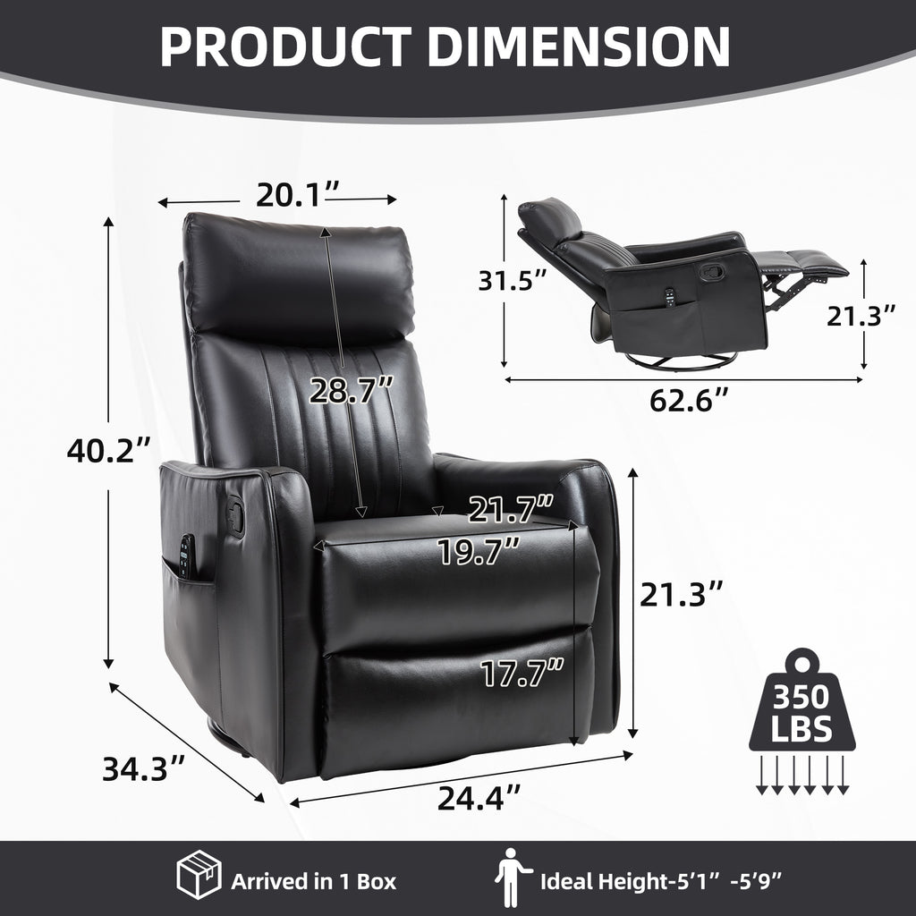 Black Faux Leather Heat Massage Manual Recliner Chair