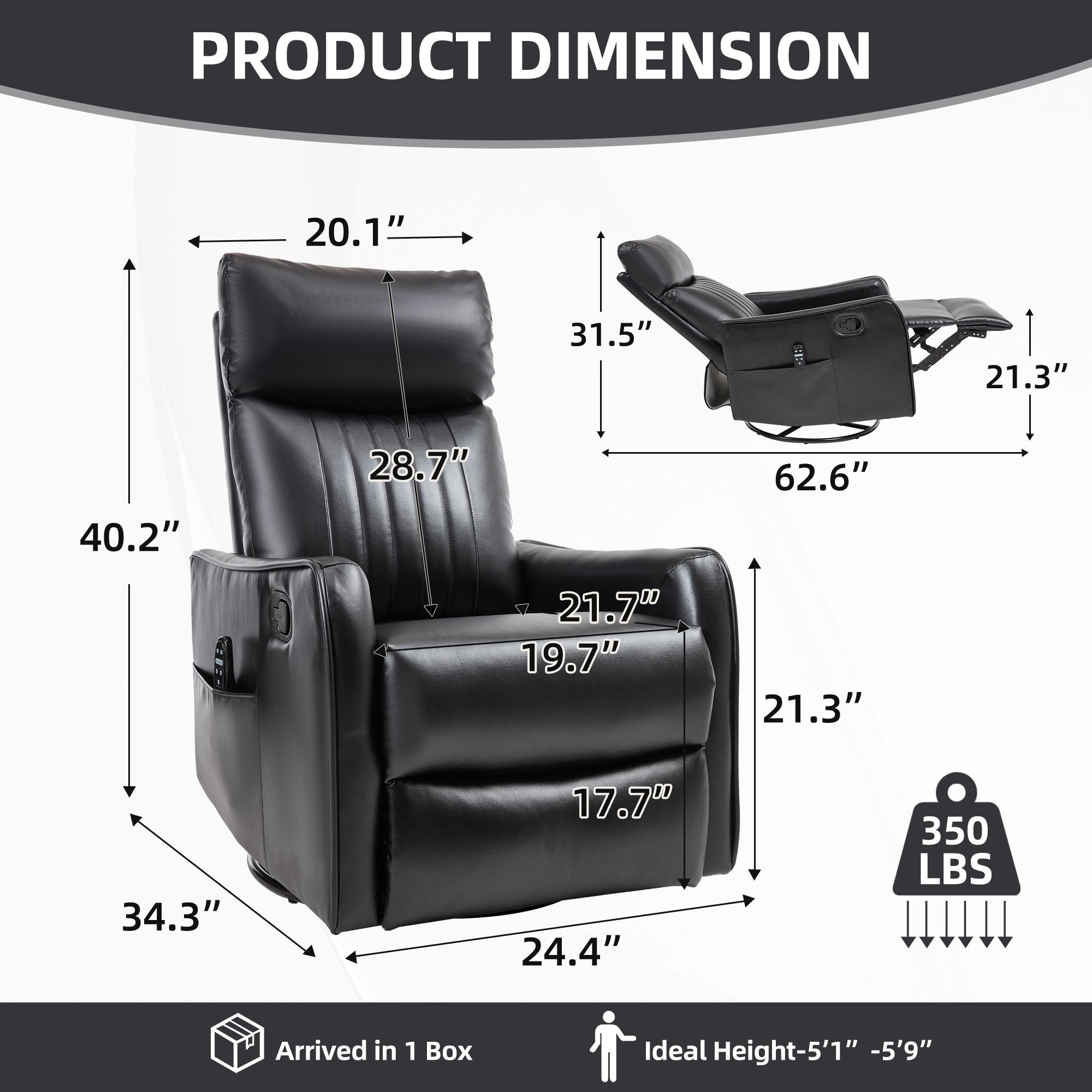 Black Faux Leather Heat Massage Manual Recliner Chair