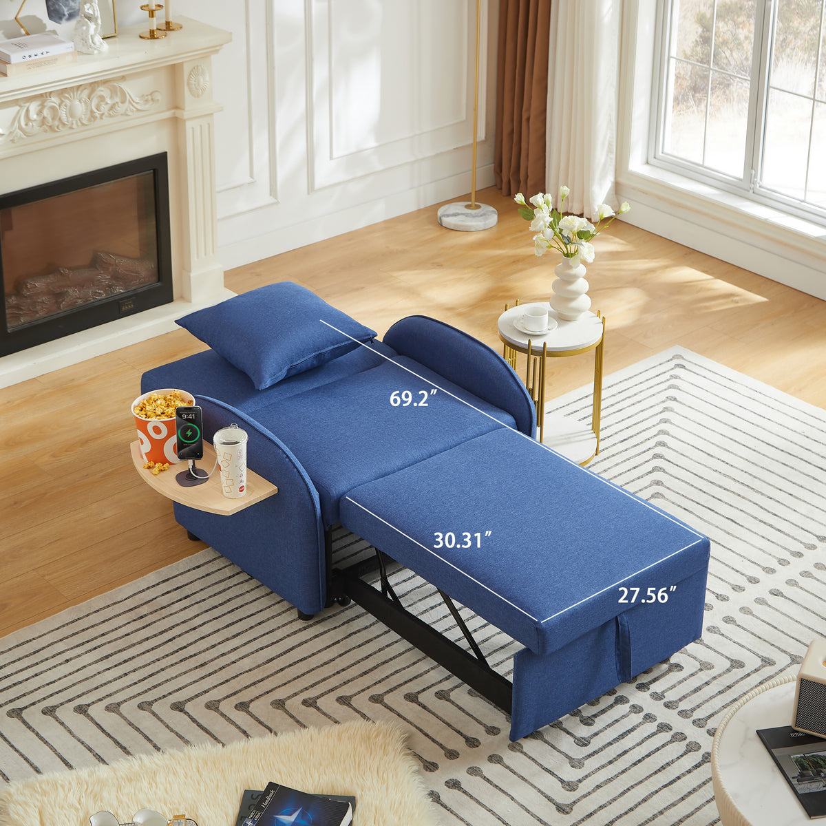 3-in-1 Convertible Sleeper Chair, Dark Blue Linen, Adjustable Backrest and Foldable Table
