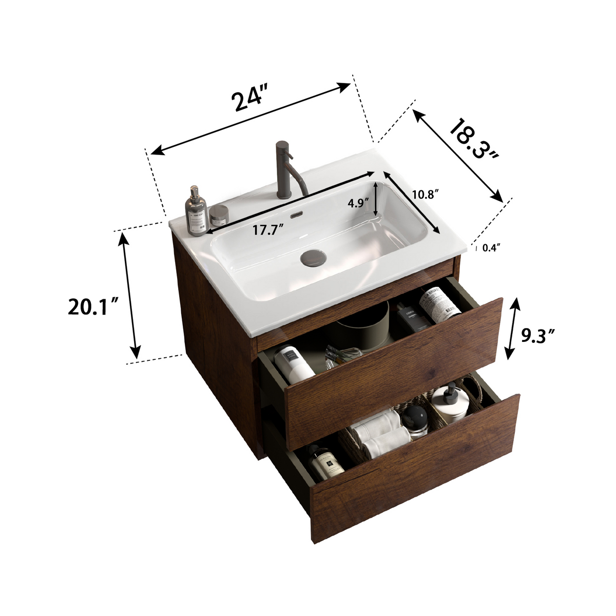 TIA 24-Inch Wall Mounted Bathroom Vanity, Walnut