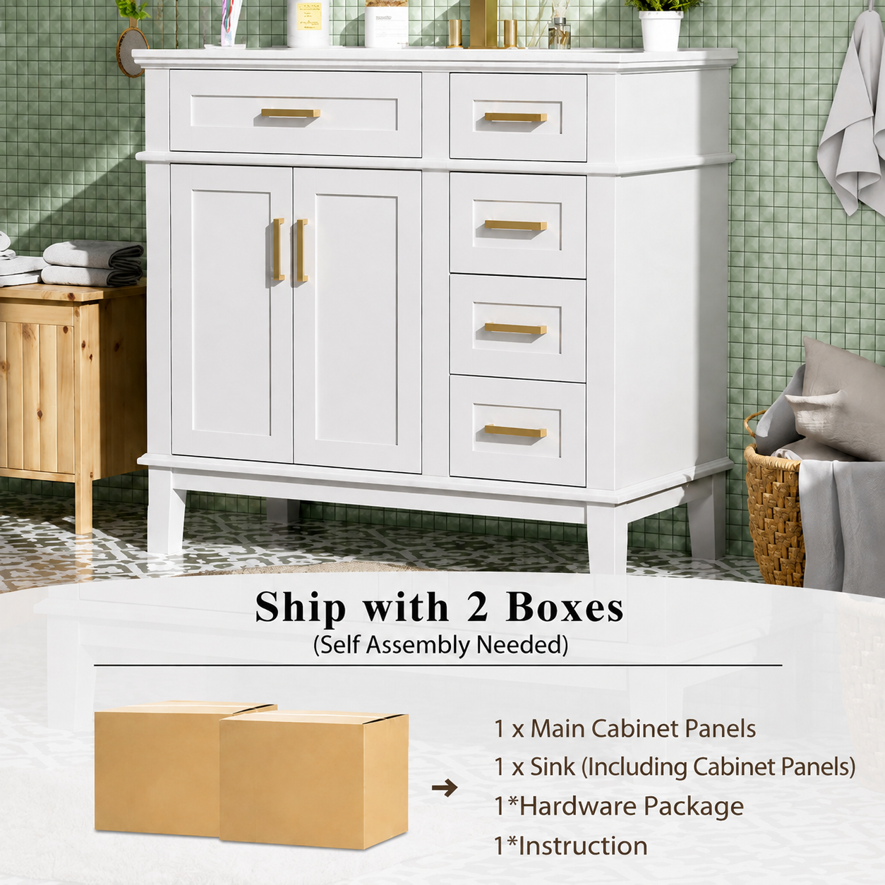 36-Inch White Modern Bathroom Vanity with Ceramic Sink