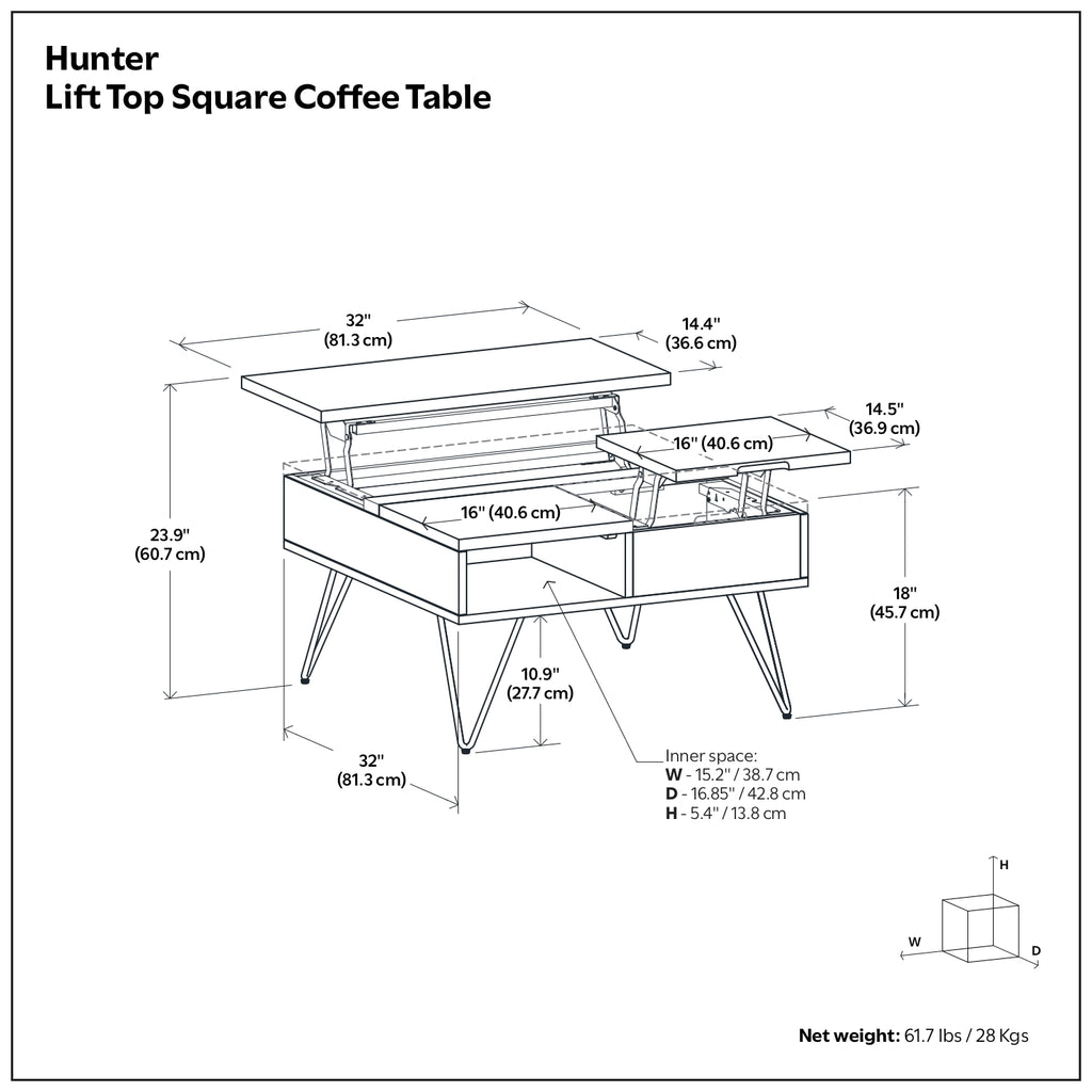 Hunter 32 Inch Wide Solid Wood Lift Top Square Coffee Table