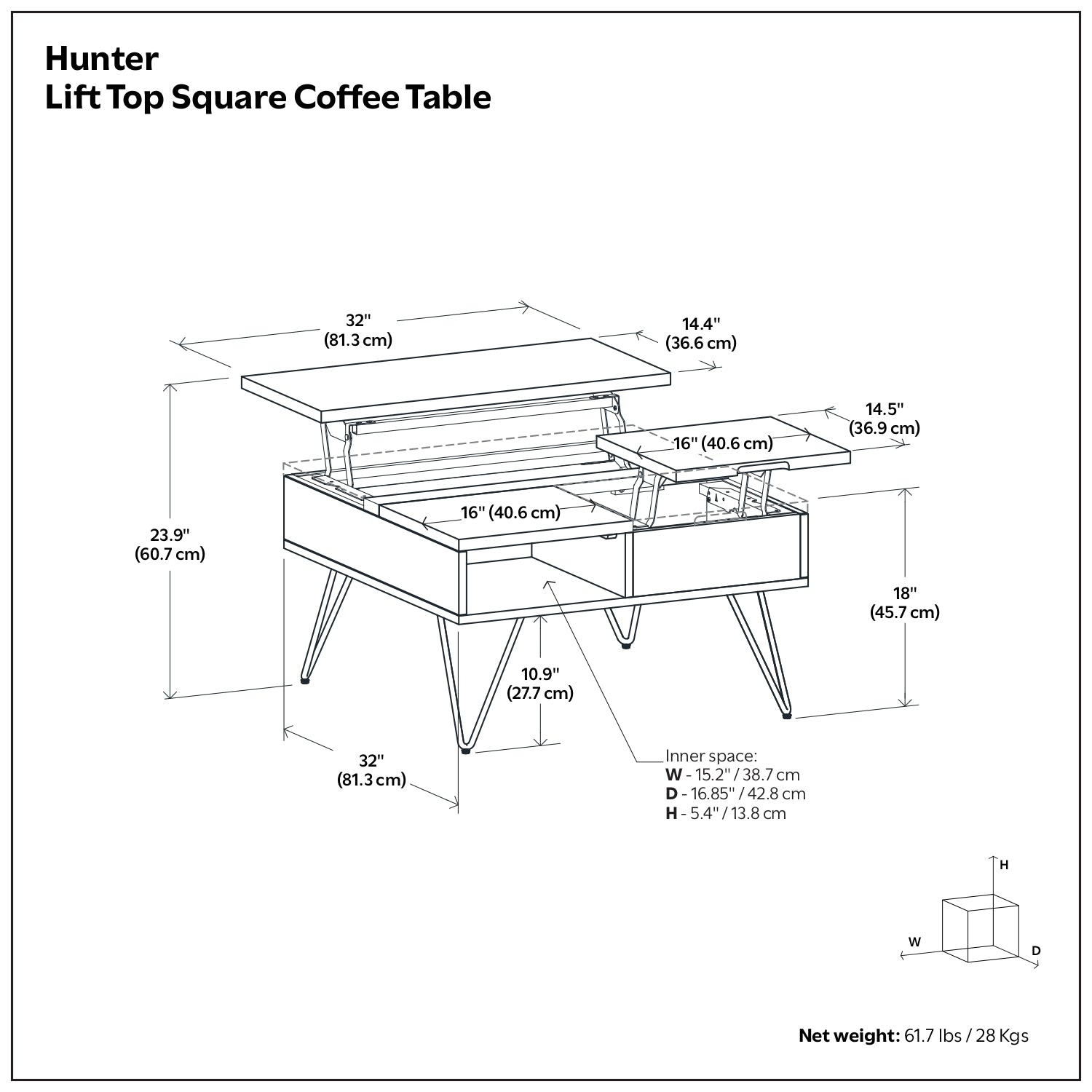 Hunter 32 Inch Wide Solid Wood Lift Top Square Coffee Table