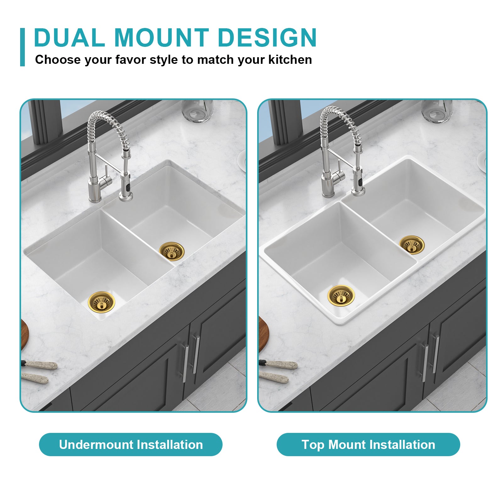32"x19"x10" Undermount Double Bowl Porcelain Fireclay Kitchen Sink