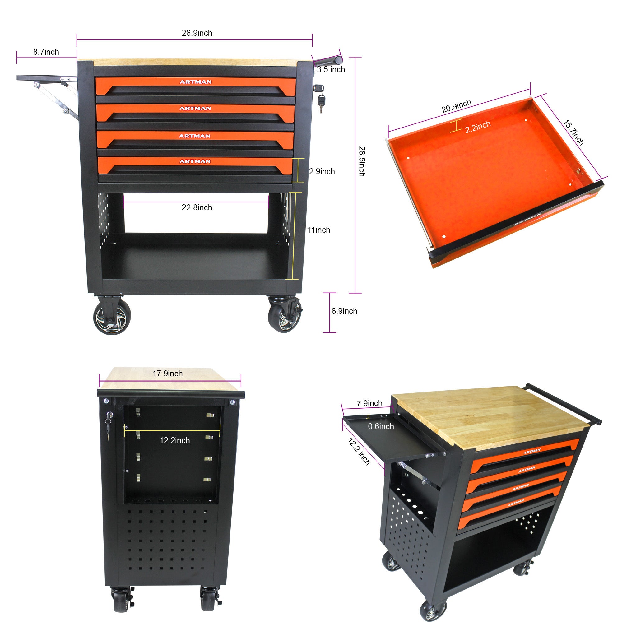 4 Drawers Multifunctional Tool Cart with Wheels and Wooden Top