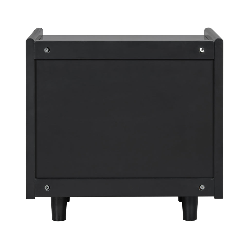 Black Nightstand with Rattan Detail
