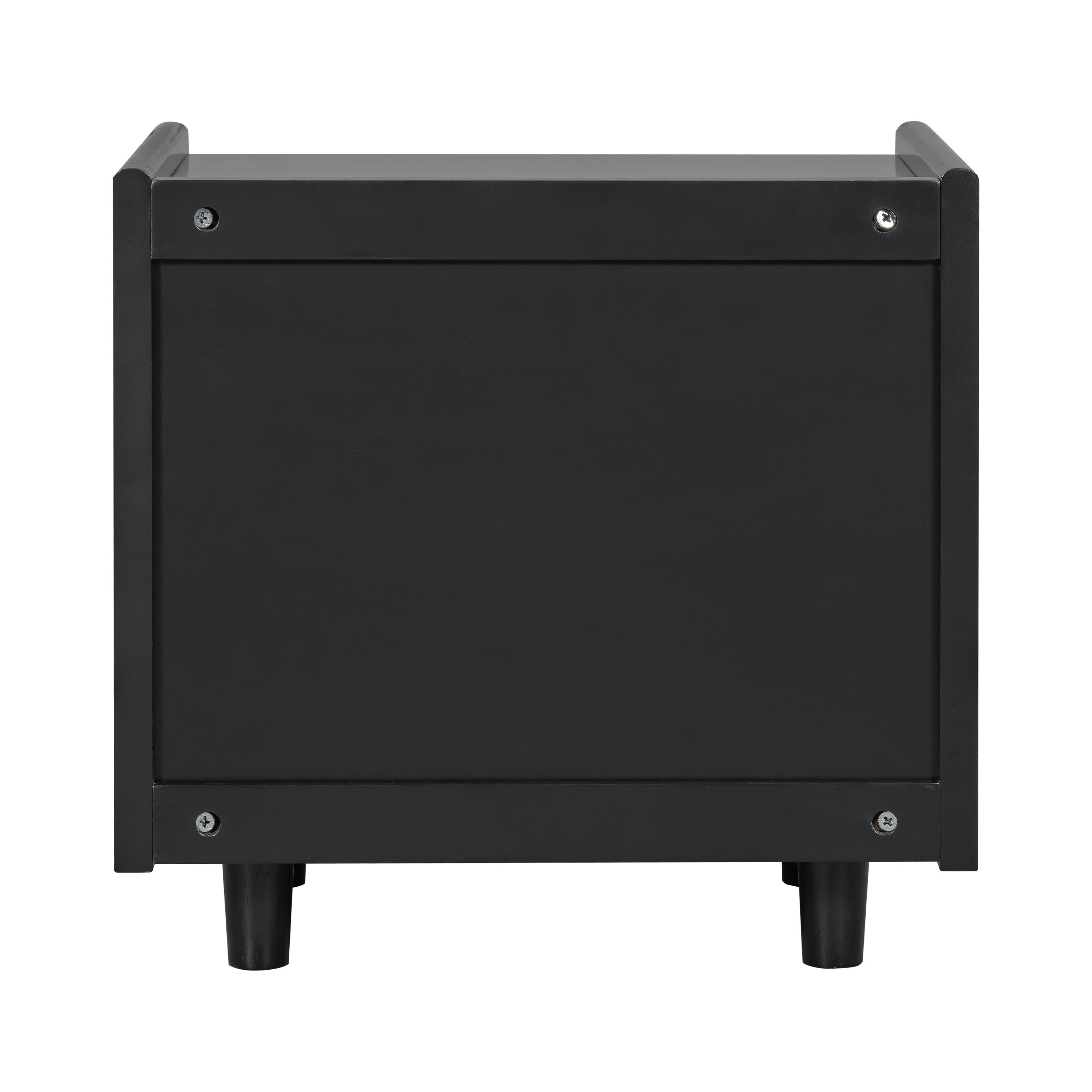 Black Nightstand with Rattan Detail