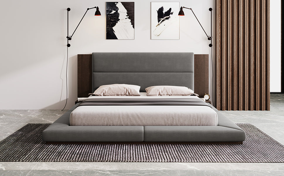 Floor Upholstered Platform Bed with Extended Wood Headboard