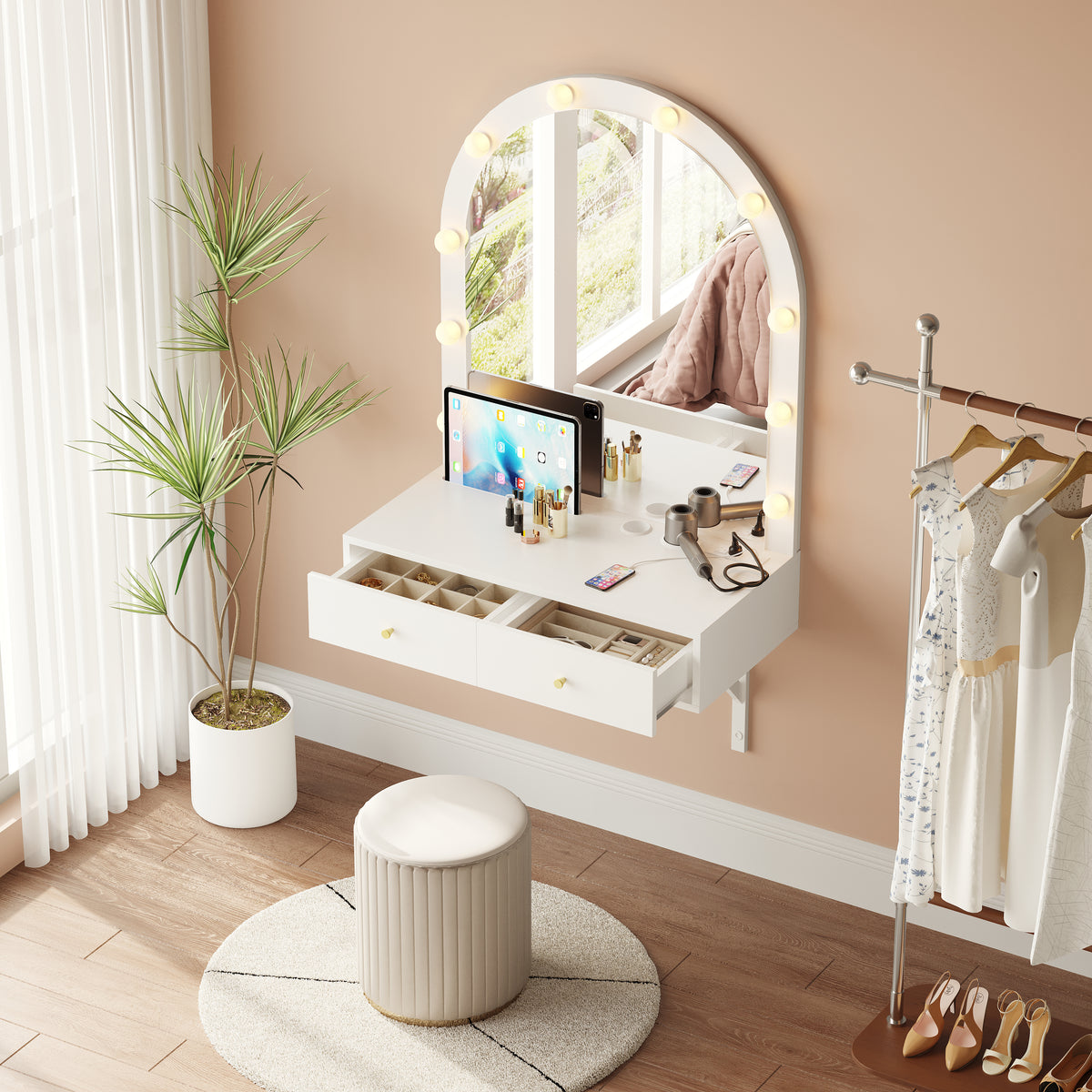 Floating Makeup Vanity Desk with Mirror & 3-Color Lights