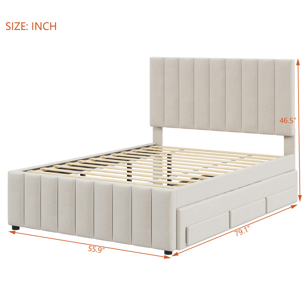 Full Size Upholstered Platform Bed with Twin Size Trundle and 3 Drawers