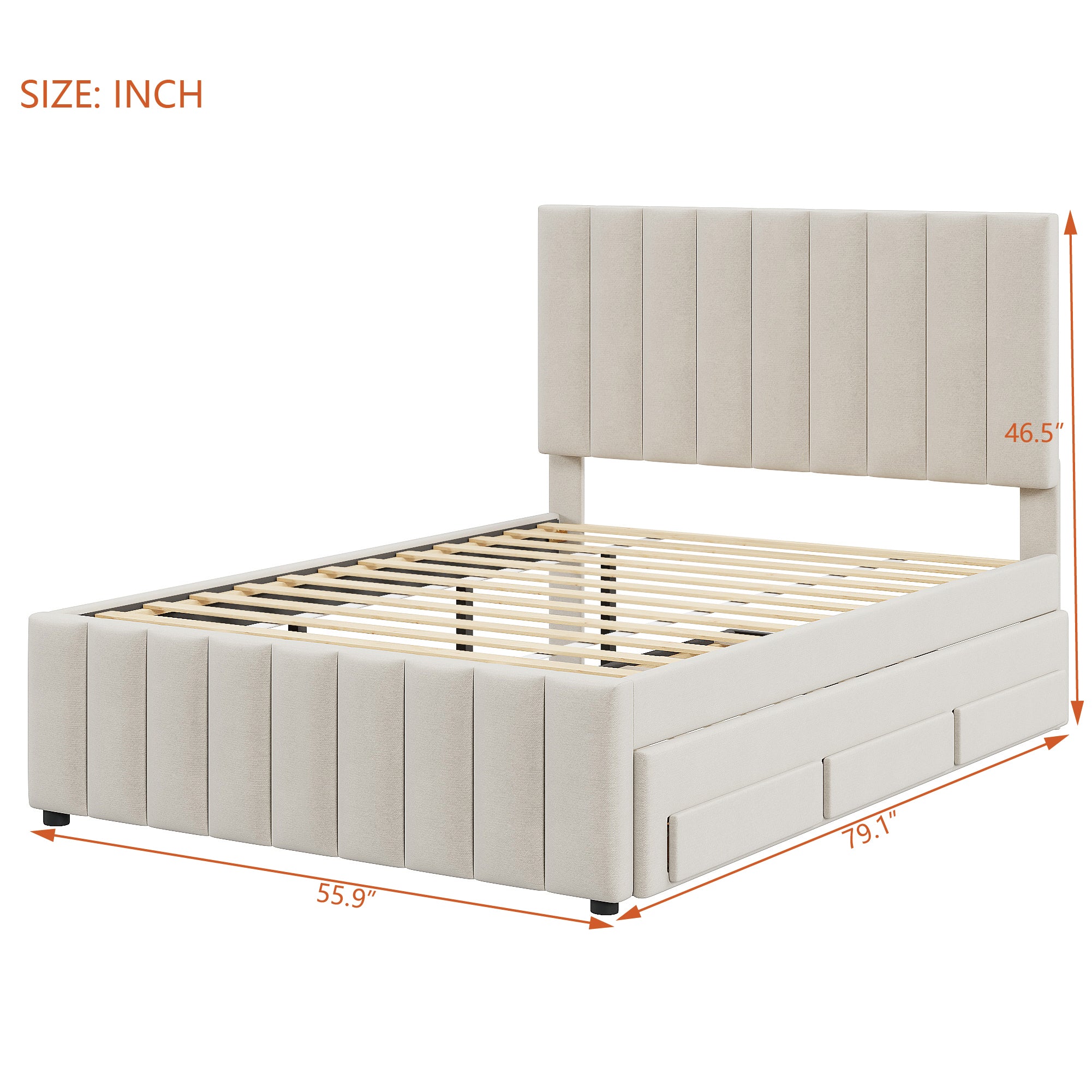 Full Size Upholstered Platform Bed with Twin Size Trundle and 3 Drawers