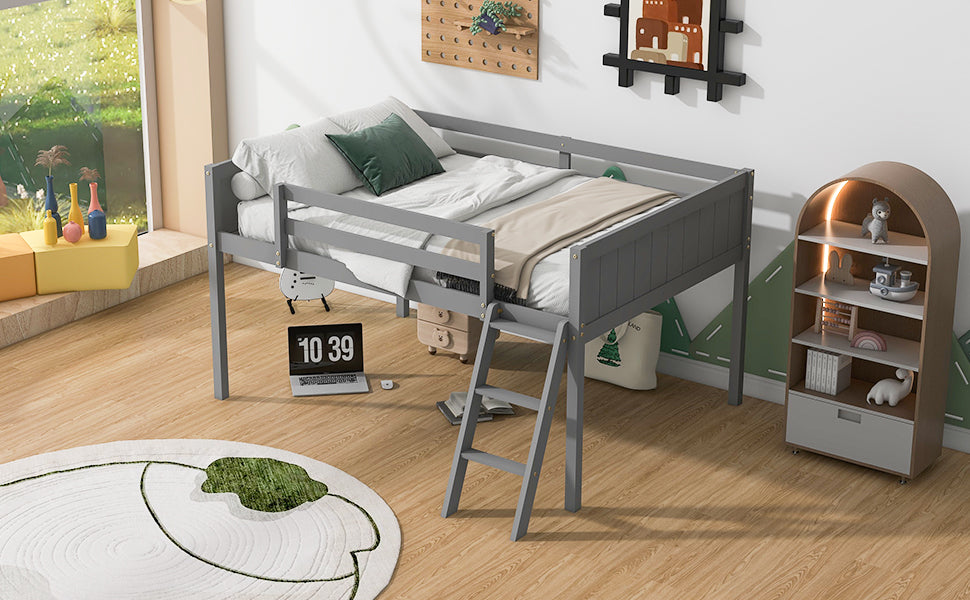 Full Size Wood Low Loft Bed with Ladder
