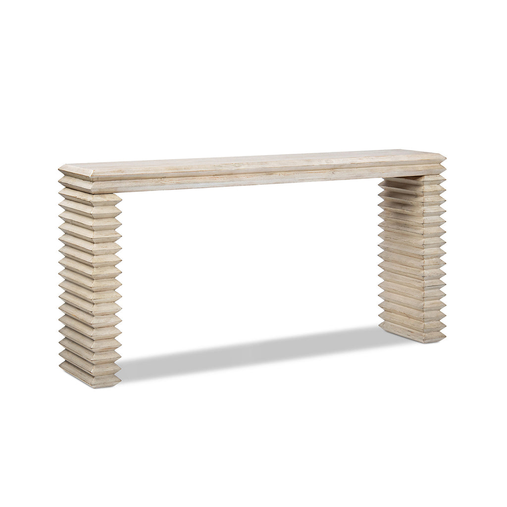 Veda 63" Reclaimed Wood Stacked Geometric Waterfall Console Table, Whitewashed