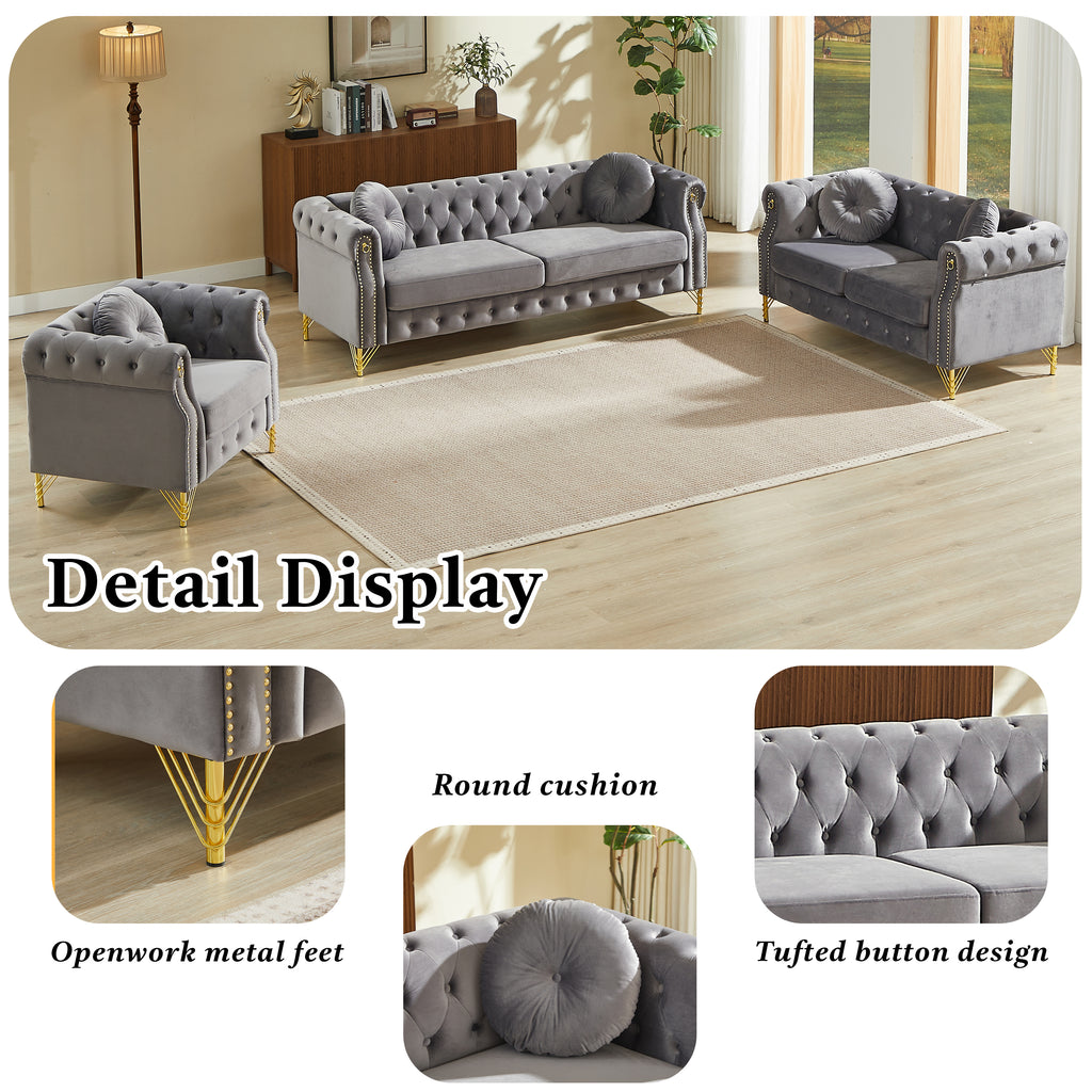 82-Inch Velvet Chesterfield Sofa with Two Round Pillows
