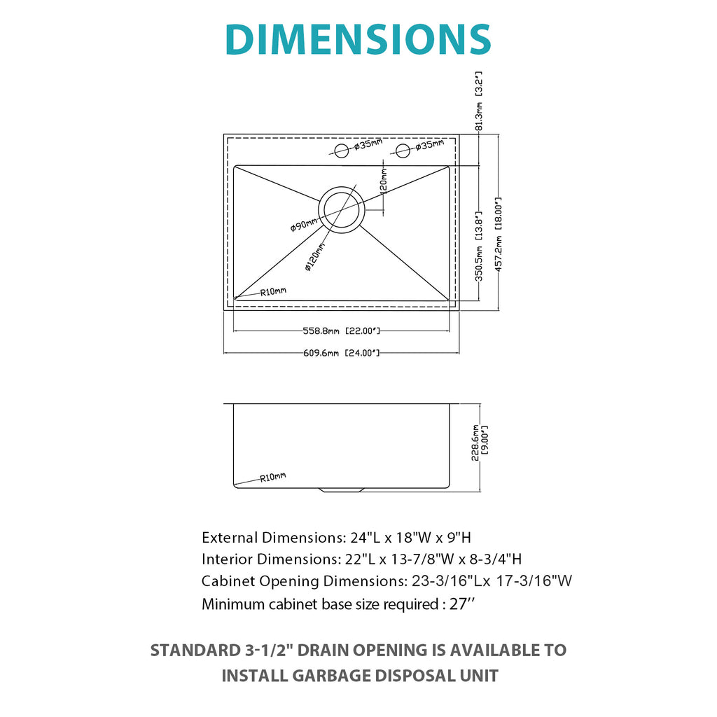 24 x 18 x 9 Inch Kitchen Sink Drop In 16 Gauge Stainless Steel