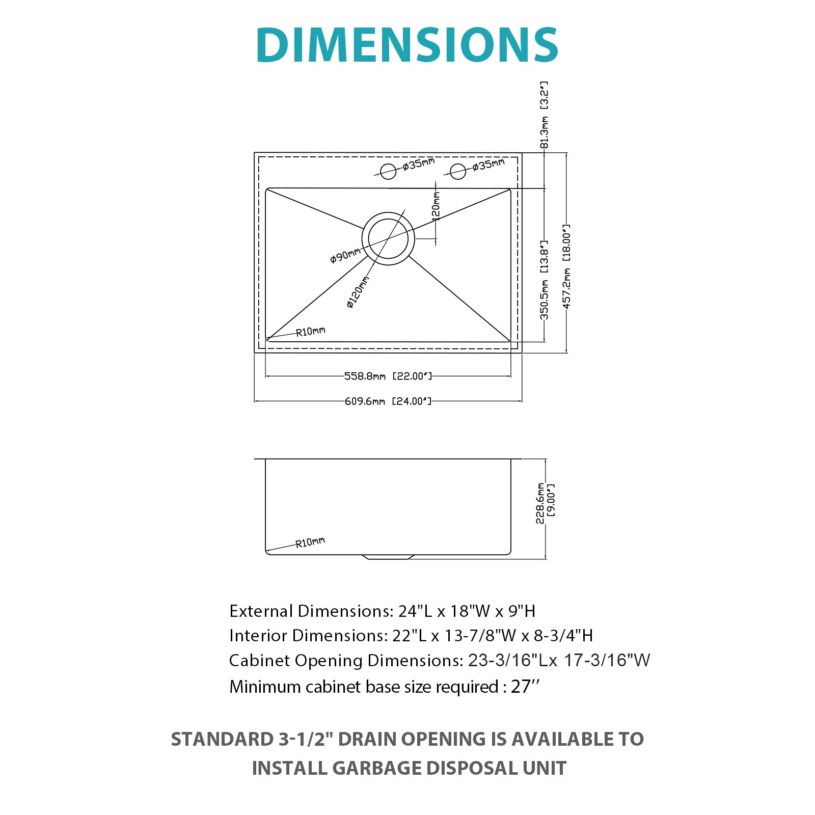 24 x 18 x 9 Inch Kitchen Sink Drop In 16 Gauge Stainless Steel