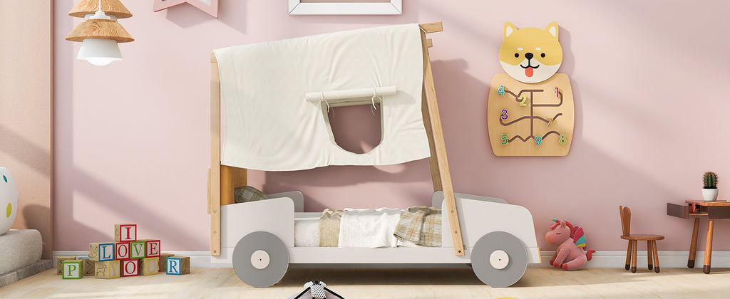 Wood Twin Size Car Bed with Pillow and Ceiling Cloth