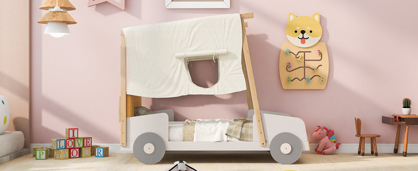Wood Twin Size Car Bed with Pillow and Ceiling Cloth