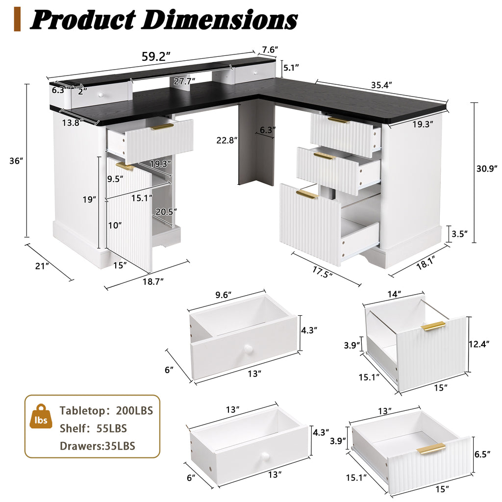 Modern Fluted L-Shaped Desk with Charging Station