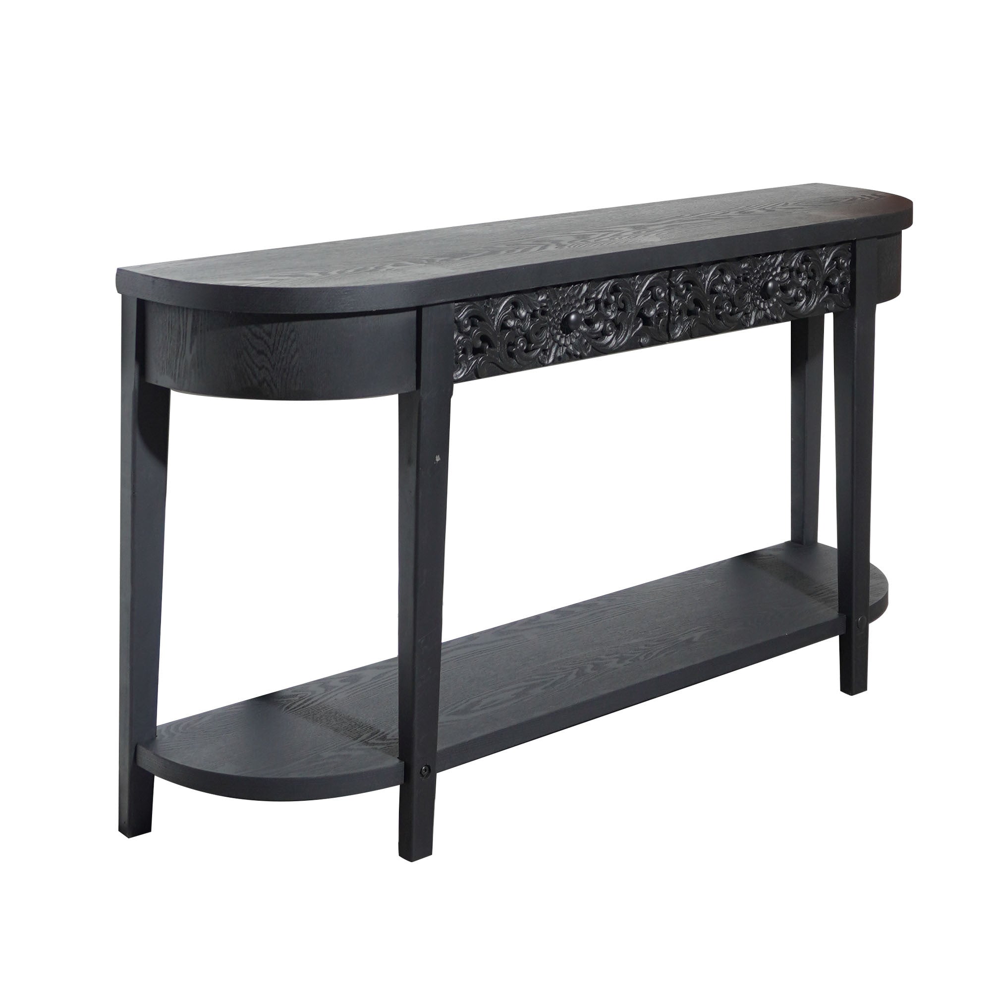 59.2in Black Carved Wooden Console Table with Lower Storage Shelf and Drawers