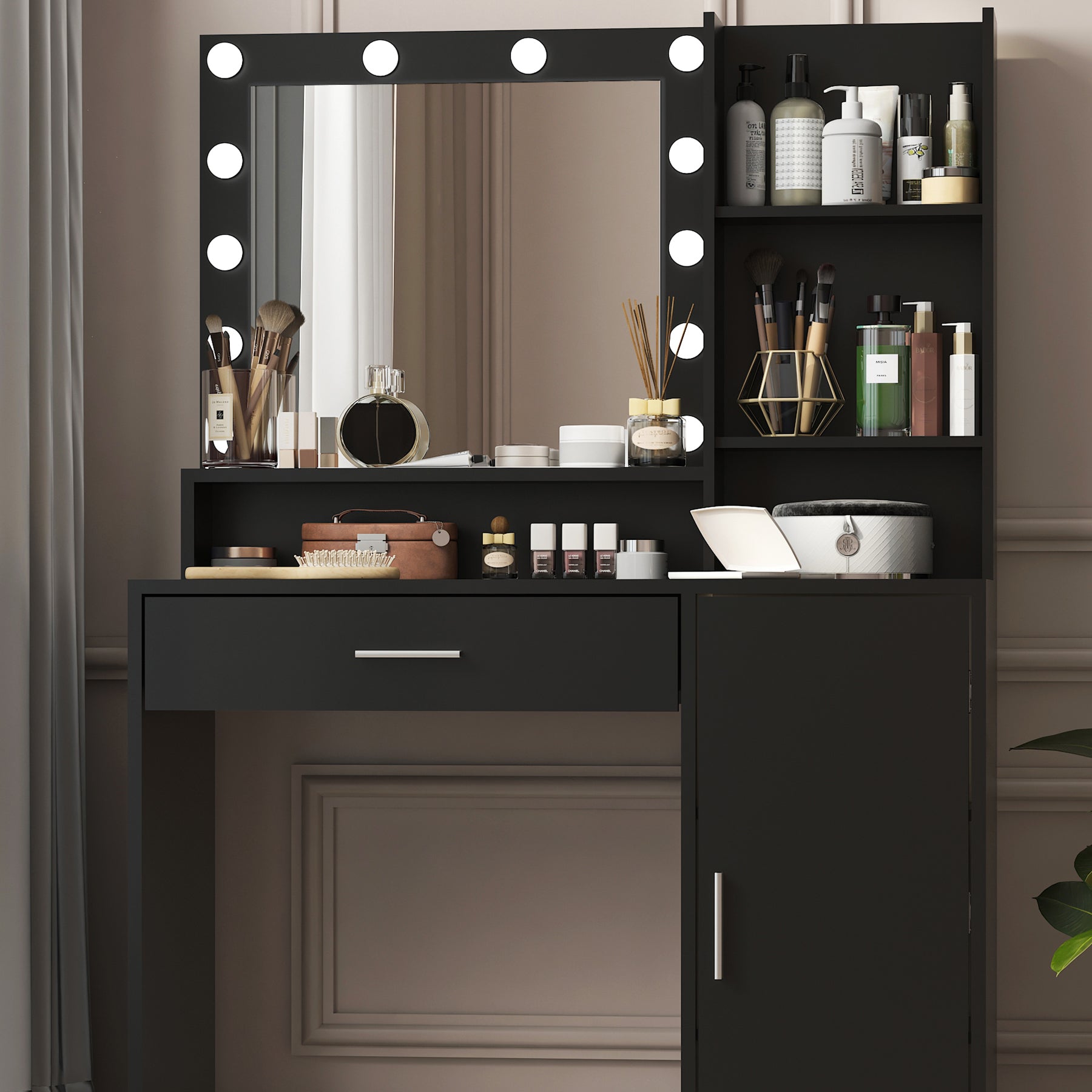 Vanity Desk with Mirror & Light, Large Drawer Three Level Storage Dresser