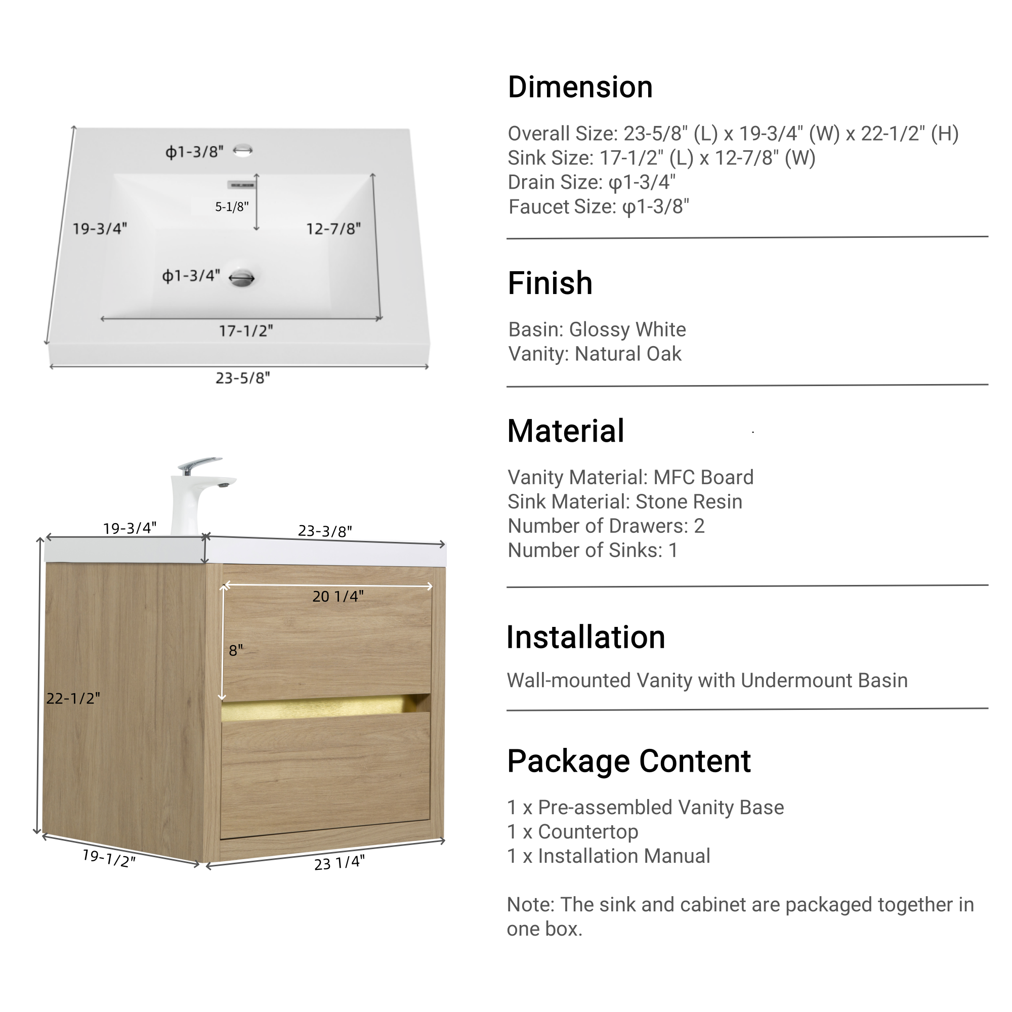24" Wall-Mounted Bathroom Vanity with Sink