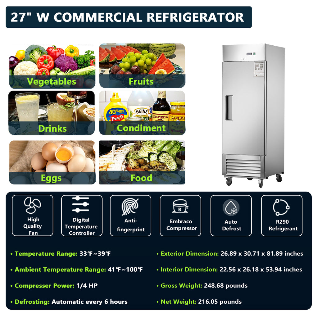 27"W Commercial Refrigerator with Solid Door