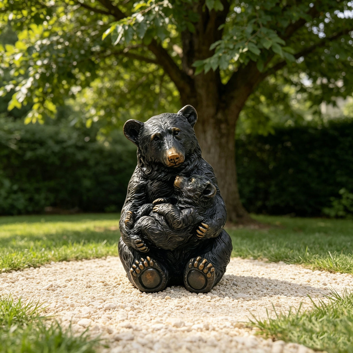 19'' Tall Mother Bear Hugging Cub Garden Statue
