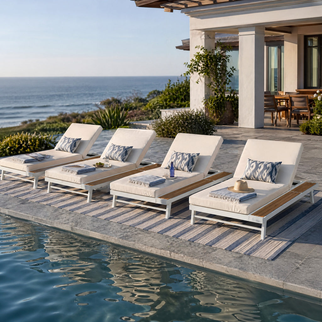 White Iron and Teak Finish Chaise Lounge Set