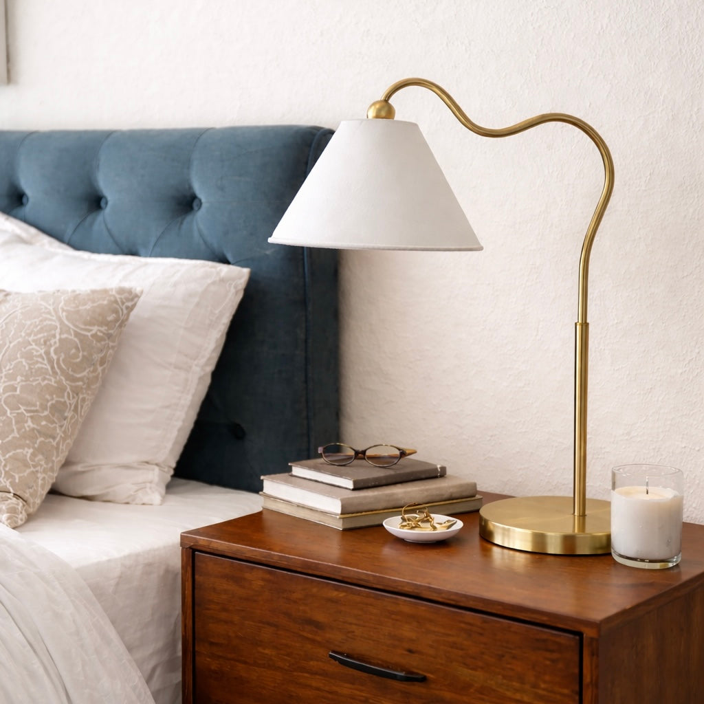 Ornate Brass Ring Base Curved Table Lamp