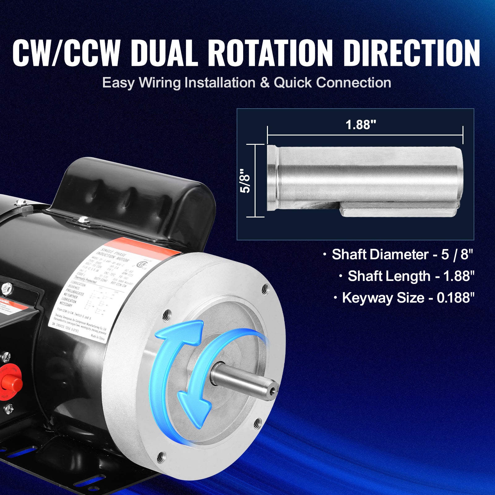 0.75HP Electric Motor 1725 RPM, AC 115V/230V