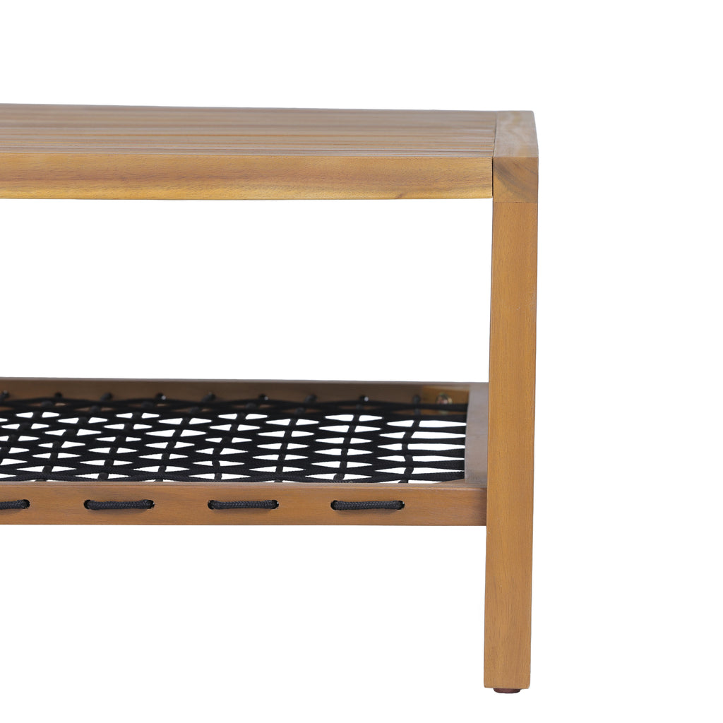 Outdoor Acacia Wood Coffee Table with Woven Rope Storage Shelf
