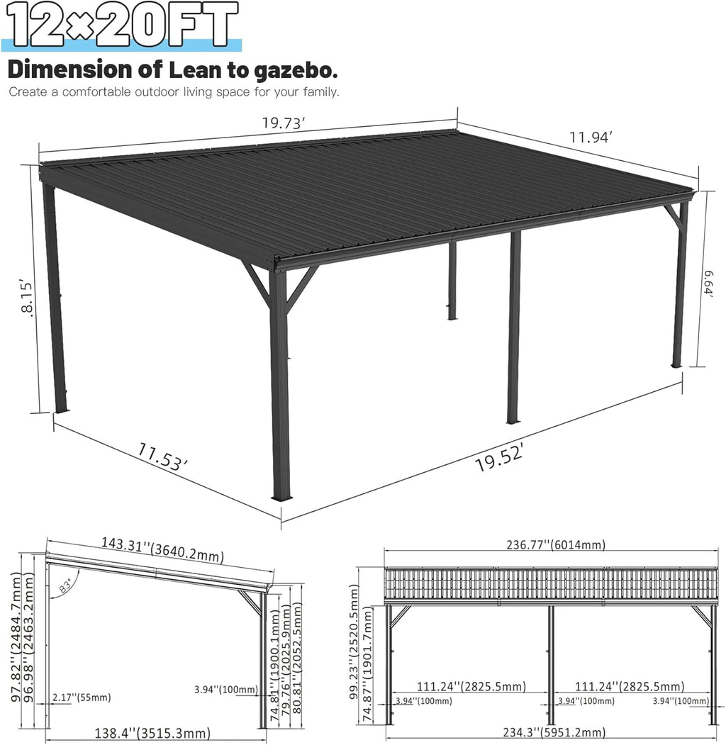 12x20FT Lean To Gazebo with Galvanized Steel Roof