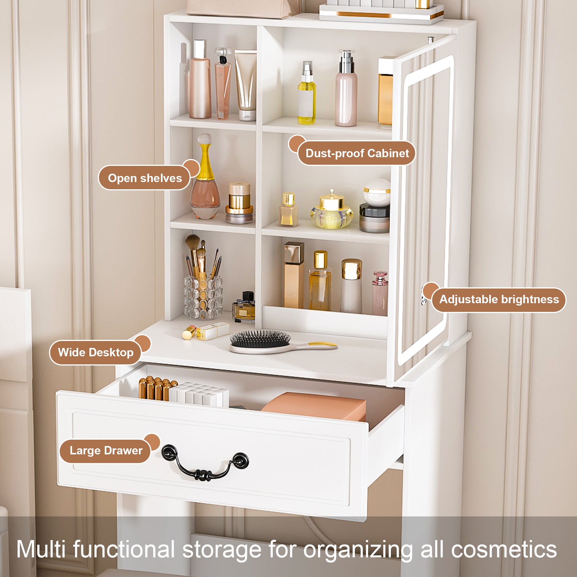 Modern Mini Dressing Table with LED-lit Mirror & Hidden Storage