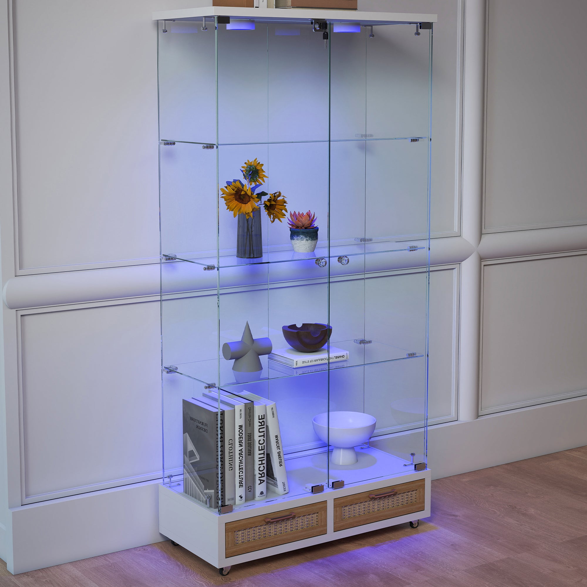 Modern Glass Display Cabinet with Large Drawers