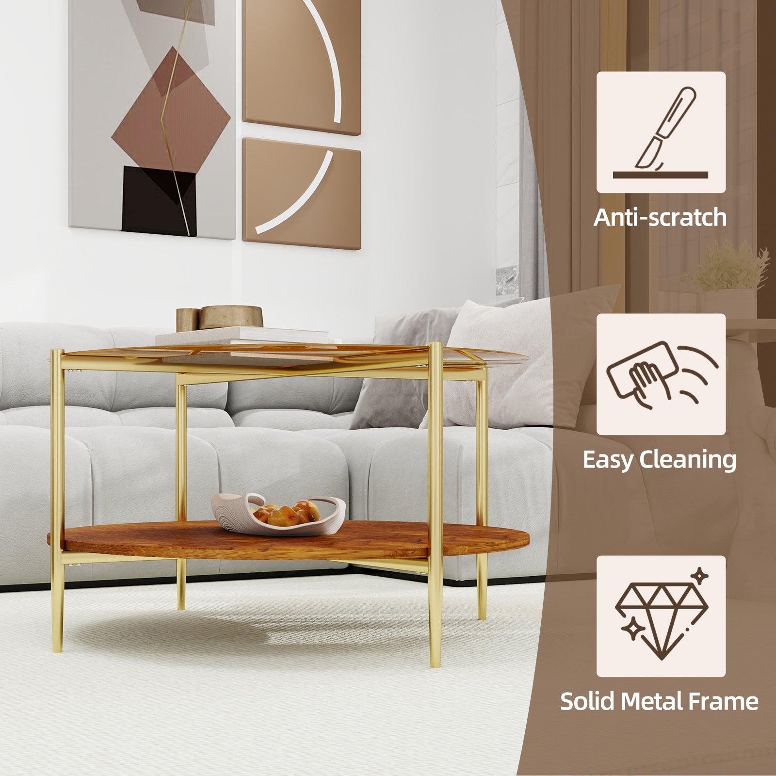 Luxurious Round Coffee Table with Gold-Tinted Tempered Glass Top