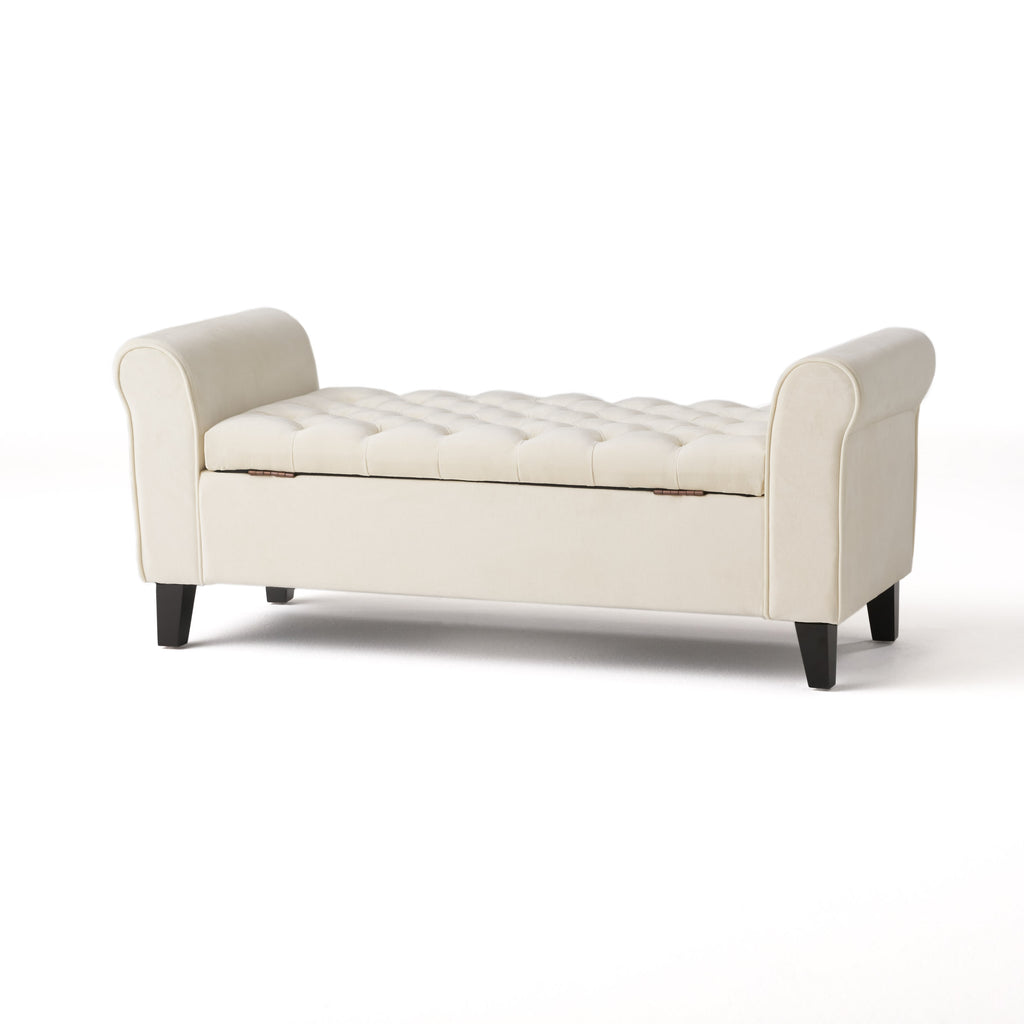 Ivory Fabric Storage Bench With Rolled Arms
