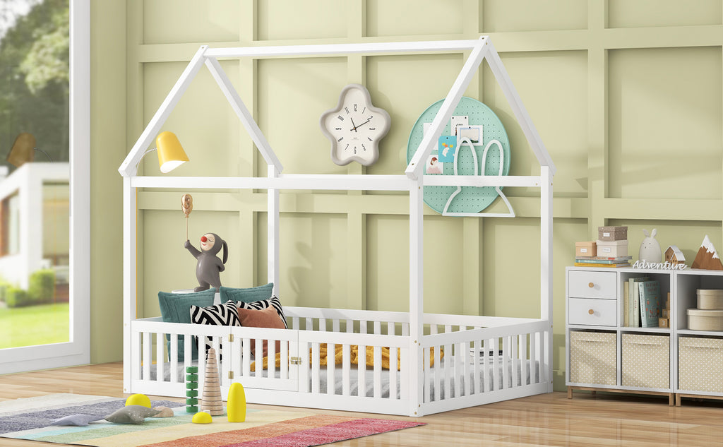 Full Size Wood House Bed with Fence and Door