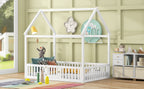 Full Size Wood House Bed with Fence and Door