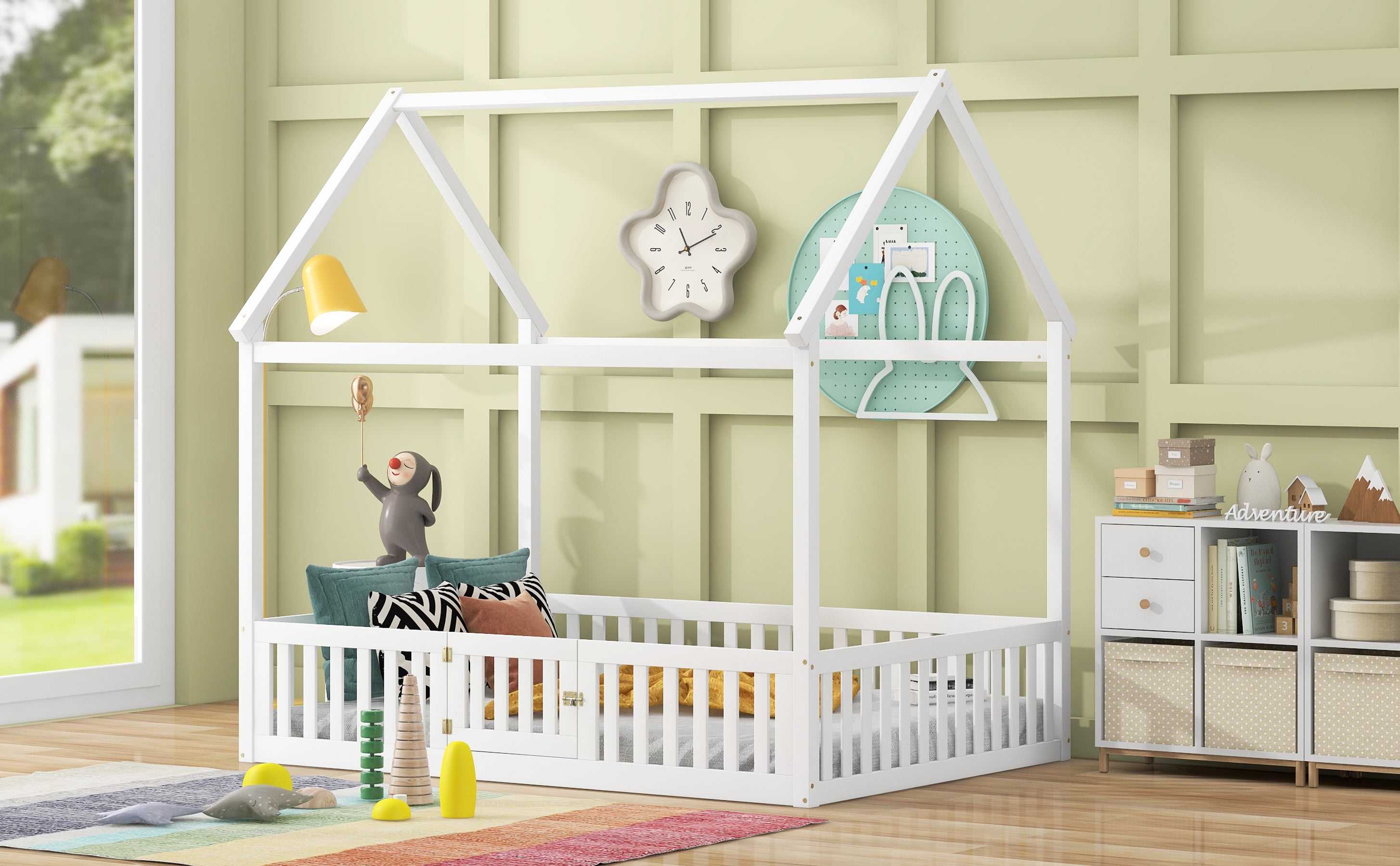 Full Size Wood House Bed with Fence and Door