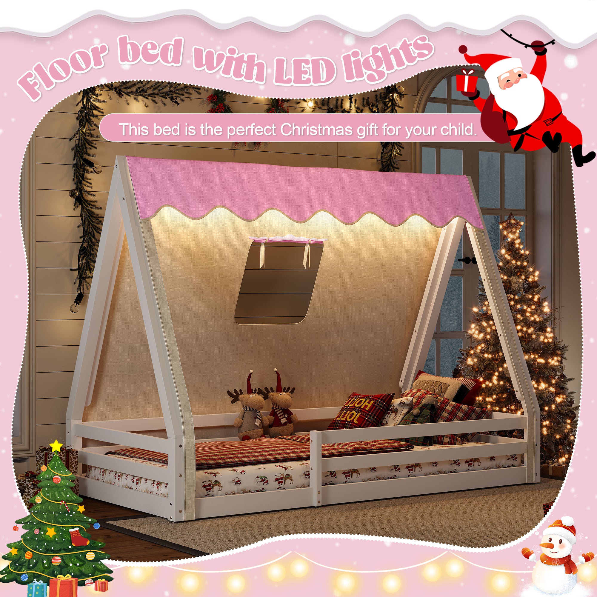 Twin Size House Floor Bed with Tent and Light