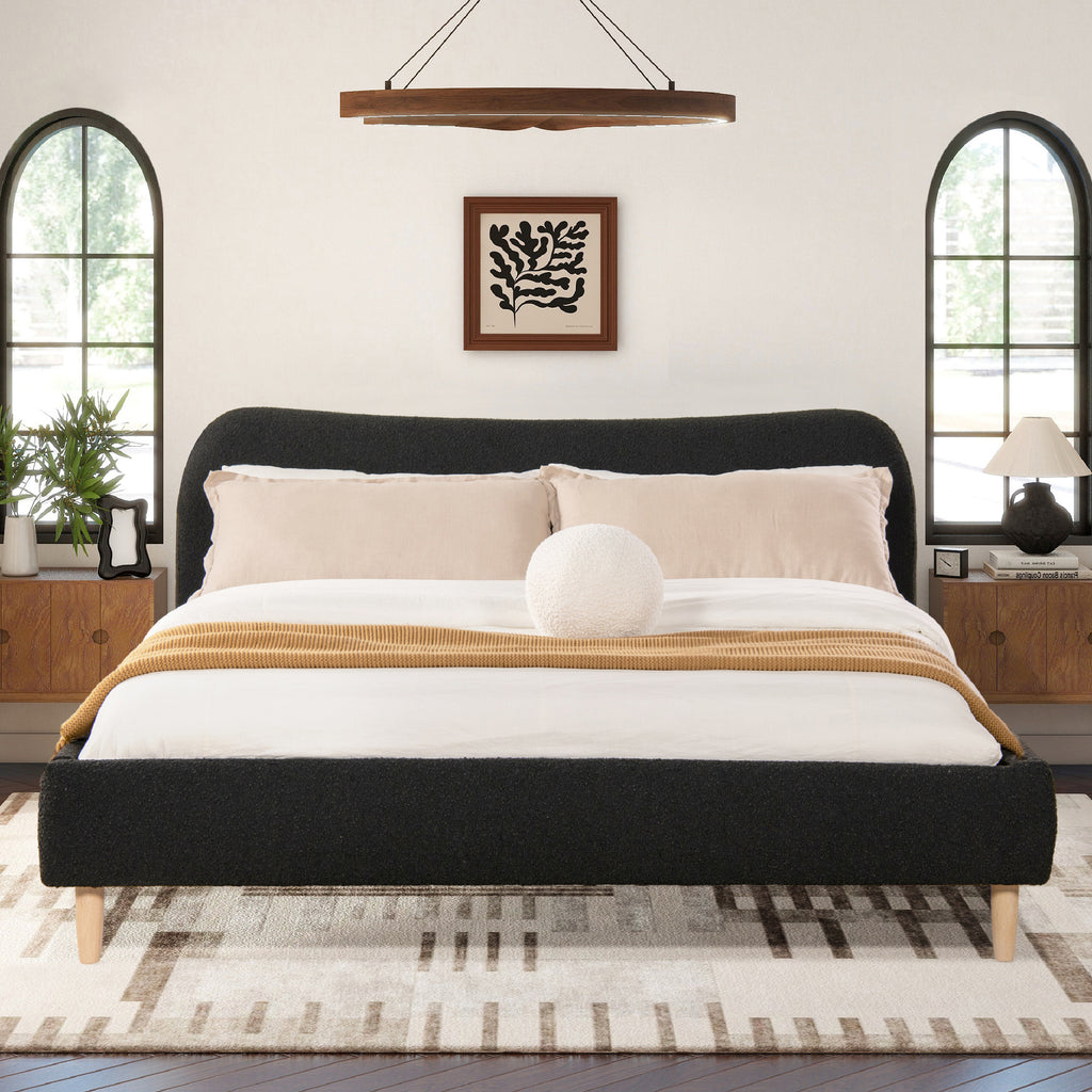 Roman Curved Headboard Upholstered Platform Bed, King, Ebony