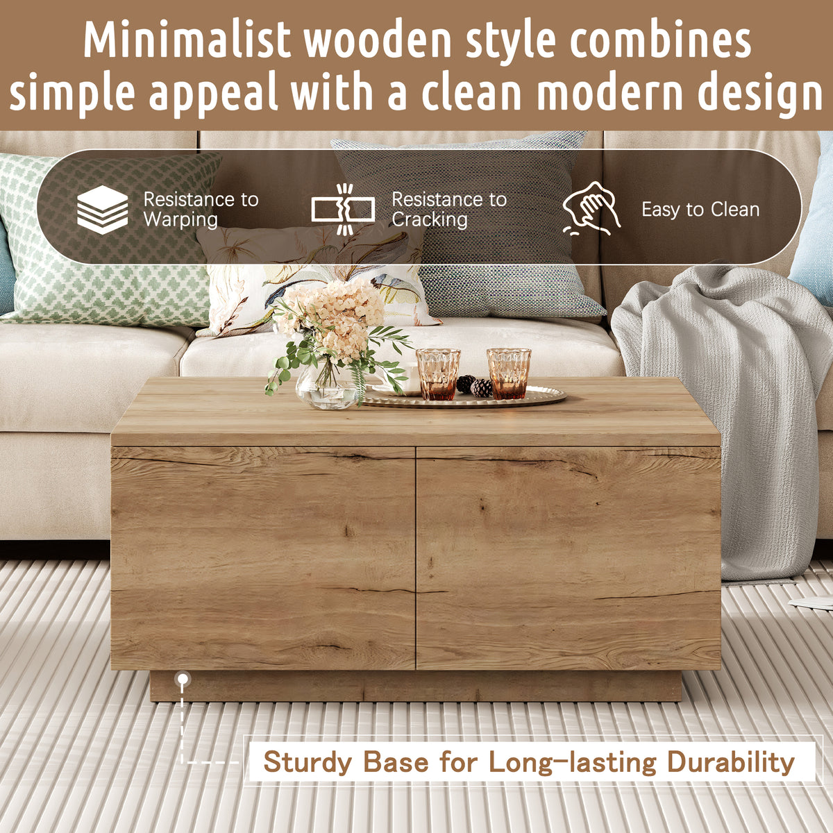 Square Coffee Table with 4 Drawers, 33.25-Inch, Natural