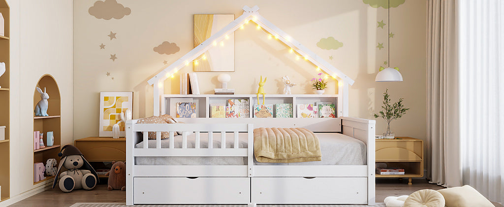 Wood Full Size House Platform Bed with LED, Storage Shelves, Drawers and Guardrail