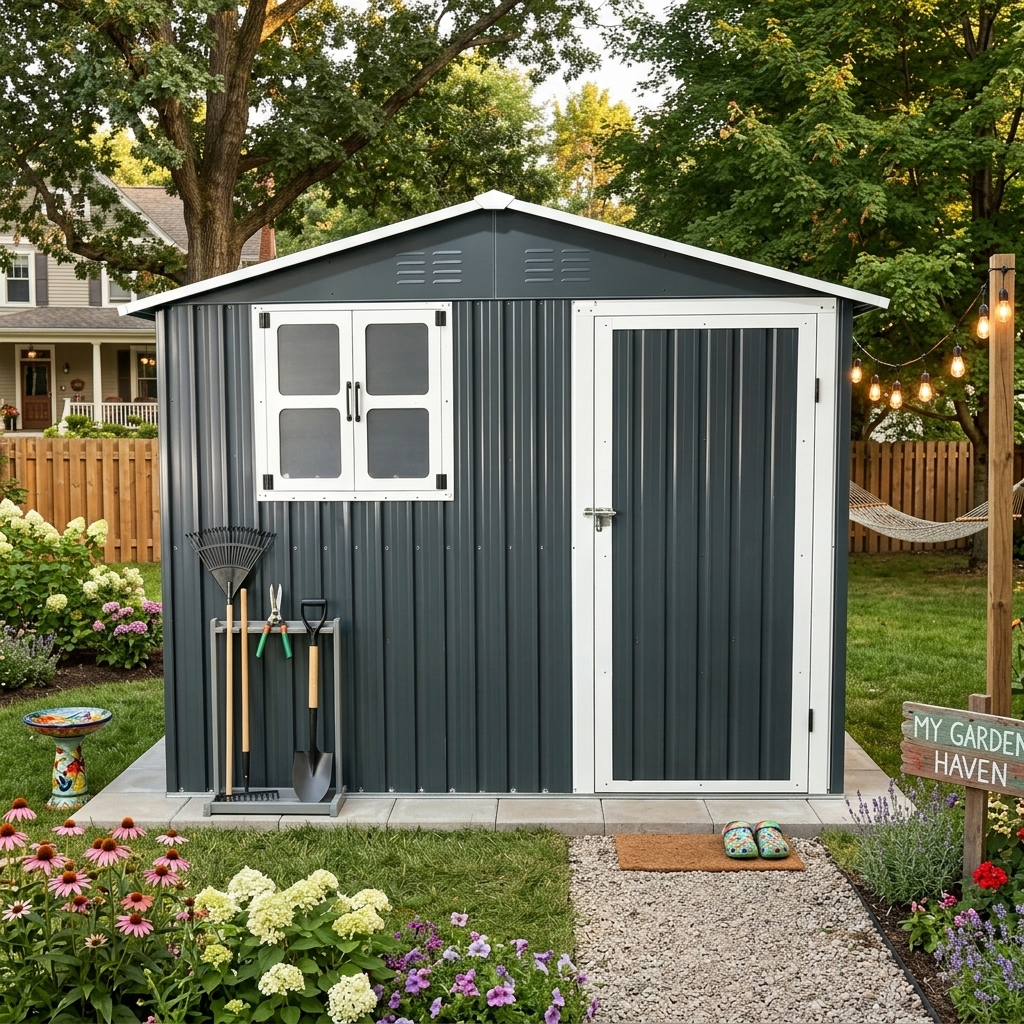 8x4 Foot Metal Storage Shed with Openable Window, Coal Grey