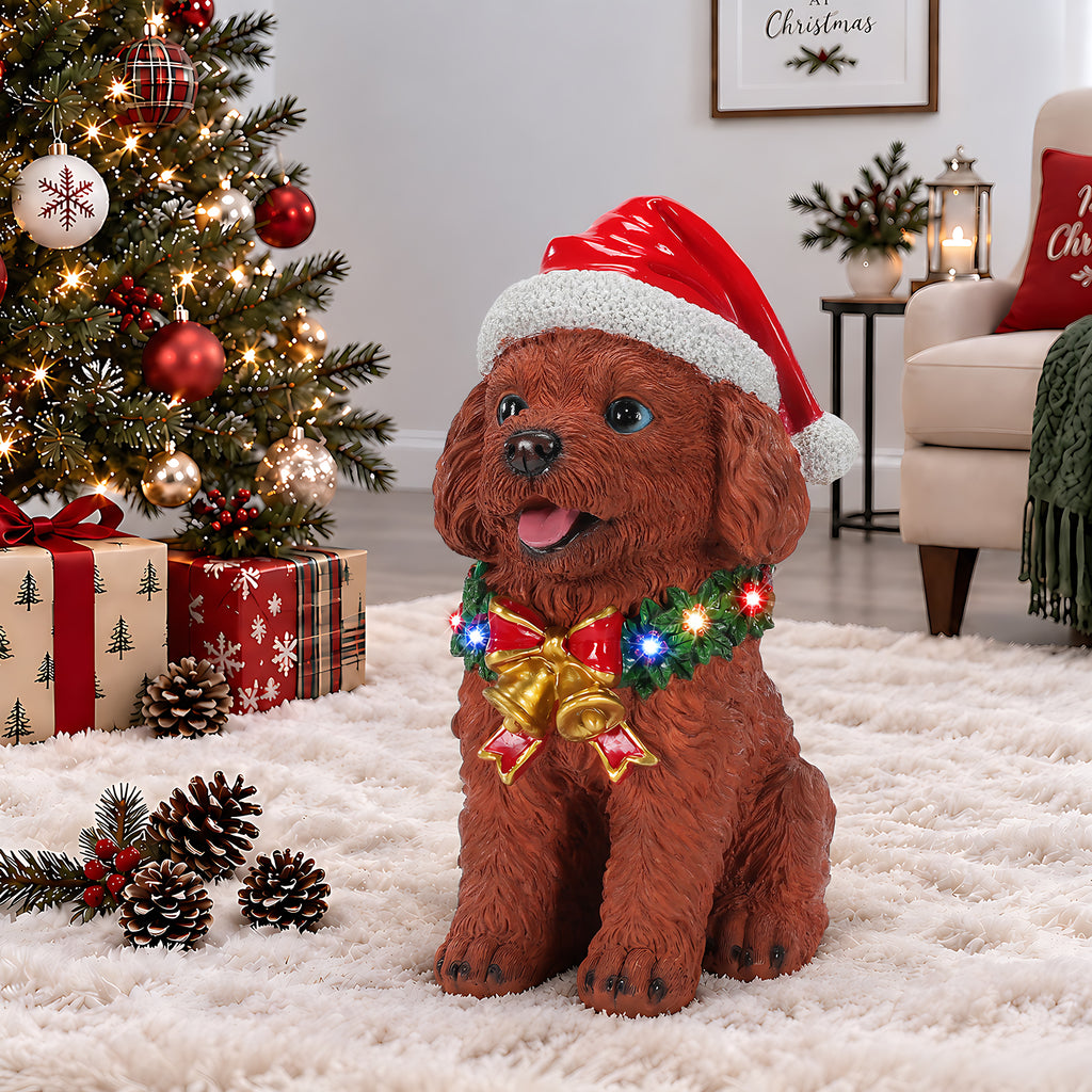 Lighted Christmas Teddy Poodle Dog Statue, Santa Hat Puppy Figurine with LED Wreath and Bells