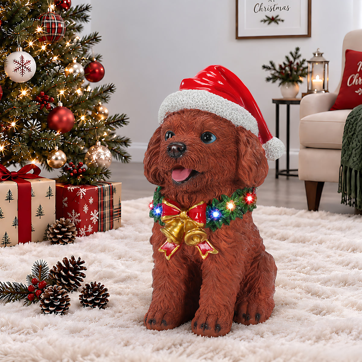 Lighted Christmas Teddy Poodle Dog Statue, Santa Hat Puppy Figurine with LED Wreath and Bells